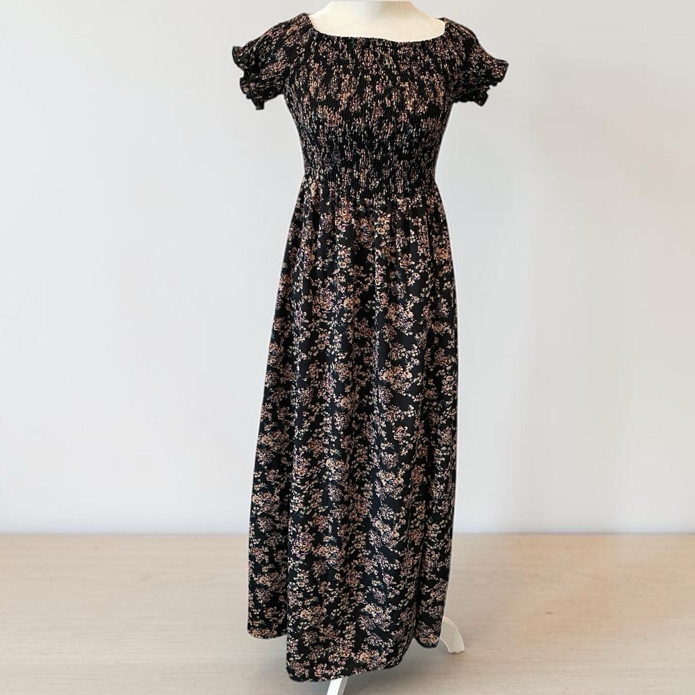 Unbranded Black Floral Maxi Dress Women's M Smocked Whimsigoth Cottagecore